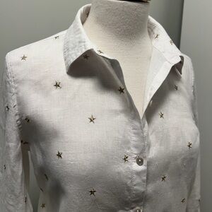 White Linen Nicole Miller Button Down Shirt with Embroidered Gold Stars